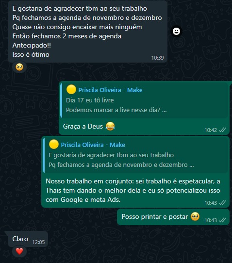 Feedback via whatsapp de maquiadora