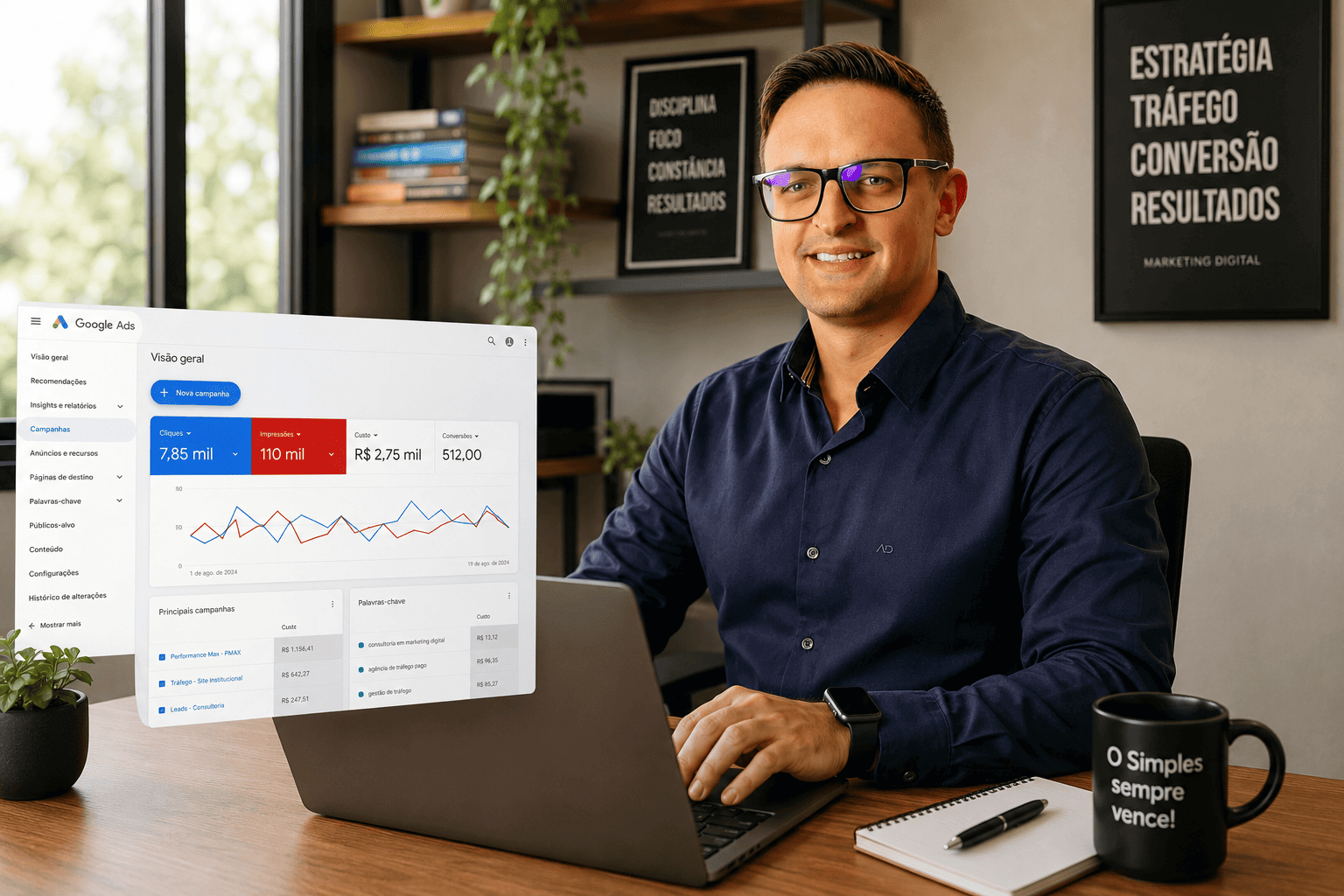 consultoria de Google Ads no Brasil - especialista analisando campanhas no computador